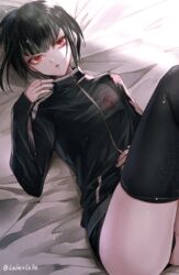  alternate_hairstyle artist_name ass black_hair black_jacket black_nails black_panties black_thighhighs celestia_ludenberg commentary_request danganronpa:_trigger_happy_havoc danganronpa_(series) female jacket long_sleeves lying on_back panties red_eyes short_hair solo thighhighs track_jacket underwear z-epto_(chat-noir86) 