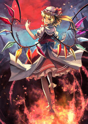  absurdres back_bow blonde_hair bow cloud cloudy_sky commentary_request crystal embers evil_grin evil_smile eyelashes female fingernails flandre_scarlet floating frilled_skirt frills full_body grin hat hat_bow hat_ribbon high_heels highres looking_at_viewer looking_back mob_cap moon night one_side_up open_mouth pointy_ears puffy_short_sleeves puffy_sleeves red_bow red_eyes red_moon red_nails red_ribbon red_skirt red_vest ribbon sash sharp_fingernails short_hair short_sleeves skirt sky smile socks solo teo_(telo_ruka) touhou vest white_hat white_sash white_socks wings 