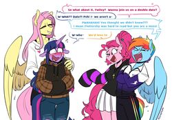  anthro anthrofied asking asking_another asking_how asking_what blue_body blush bodily_fluids bottomwear breasts closed_eyes clothed clothing crossed_arms crucifix dialogue earth_pony embarrassed english_text equid equine female female/female fingers fluttershy_(mlp) friendship_is_magic furgonomics group hair hasbro heart_symbol hoodie horn horse inward_tail_speech_bubble jewelry laugh long_hair mammal multicolored_body multicolored_hair my_little_pony mythological_creature mythological_equine mythology name_drop name_in_dialogue necklace one_eye_closed open_mouth pegasus pink_body pink_hair pinkie_pie_(mlp) pony psssh purple_body purple_hair question questioning_tone rainbow_dash_(mlp) rainbow_hair redxbacon shirt simple_background skirt speech_bubble standing stuttering tail tail_through_skirt talking_to_another tears text topwear twilight_sparkle_(mlp) unicorn vocalization vowelless vowelless_vocalization white_background wings yes-no_question 