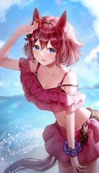  :d animal_ears bare_shoulders bikini bikini_skirt blue_eyes blue_sky blush cloud collarbone commentary cowboy_shot day female flower hair_flower hair_intakes hair_ornament highres horse_ears horse_girl looking_at_viewer miniskirt navel off-shoulder_bikini off_shoulder official_alternate_costume open_mouth outdoors pink_bikini pink_hair pink_skirt red_flower sakura_chiyono_o_(sakura_hearts_are_super_good_hearts)_(umamusume) sakura_chiyono_o_(umamusume) scrunchie short_hair short_sleeves skirt skirt_set sky smile solo standing stomach swimsuit umamusume wrist_scrunchie yoimoriyoru 