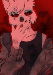  anthro black_eyes clothing felid jacket looking_at_viewer male mammal red_background red_eyes simple_background sleeveless_shirt smoke smoking solo topwear white_body yeetboi420z ykaru_(sleepycoffeecup) 