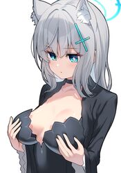  animal_ear_fluff animal_ears aqua_eyes black_choker black_dress blue_archive breast_conscious breasts choker cosplay cross_hair_ornament dress female grey_hair hair_ornament halo hands_on_own_breasts long_hair long_sleeves mismatched_pupils oversized_breast_cup oversized_clothes shiroko_(blue_archive) shiroko_terror_(blue_archive) shiroko_terror_(blue_archive)_(cosplay) simple_background small_breasts solo upper_body ushimittsu white_background wolf_ears 