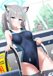  absurdres animal_ear_fluff animal_ears ass_visible_through_thighs black_one-piece_swimsuit blue_archive blue_eyes blush breasts cameltoe competition_swimsuit covered_navel cross_hair_ornament extra_ears female grey_hair hair_ornament halo highres looking_at_viewer md5_mismatch medium_breasts medium_hair mismatched_pupils multicolored_clothes multicolored_swimsuit official_alternate_costume one-piece_swimsuit otakummm ponytail pool sensei_(blue_archive) shiroko_(blue_archive) shiroko_(swimsuit)_(blue_archive) sign solo swimsuit thigh_gap warning_sign wet wolf_ears 