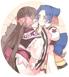  2girls animal_ears atuy back_bow blue_hair blush bow braid brown_hair character_request closed_eyes dress hairbow japanese_clothes kanyoko_(yuzukano_17) long_hair long_sleeves multiple_girls rulutieh short_hair tail tearing_up utawarerumono very_long_hair wide_sleeves yuri 