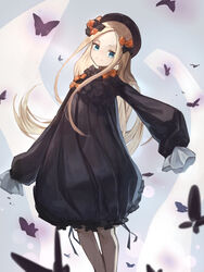  abigail_williams_(fate) aito black_bow black_dress black_hat blonde_hair blue_eyes bow breasts bug butterfly commentary_request dress fate/grand_order fate_(series) female forehead hairbow hat highres long_hair long_sleeves looking_at_viewer multiple_hair_bows orange_bow parted_bangs partial_commentary polka_dot polka_dot_bow ribbed_dress sleeves_past_fingers sleeves_past_wrists small_breasts smile solo 