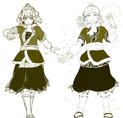  arm_warmers bad_id bad_twitter_id female full_body green_theme hi_you_(flying_bear) highres looking_at_viewer medium_hair mizuhashi_parsee monochrome open_mouth petals pointy_ears revision scarf short_hair skirt smile standing touhou 