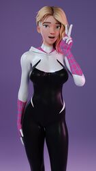  1girls 3d blender blonde_hair bodysuit breasts costume female female_only fortnite ghost-spider gwen_stacy gwen_stacy_(spider-verse) looking_at_viewer marvel marvel_cinematic_universe marvel_comics mocharoos peace_sign purple_background solo spider-gwen spider-gwen_(fortnite) spider-man_(series) x_redeyes 