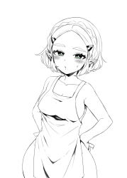  :o apron bare_shoulders blush braid breasts collarbone cowboy_shot crown_braid female greyscale hair_ornament hairclip highres large_breasts monochrome naked_apron parted_bangs princess_zelda solo sweat the_legend_of_zelda the_legend_of_zelda:_tears_of_the_kingdom wasabi_(legemd) 