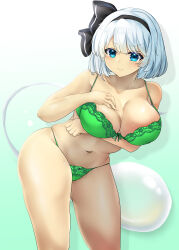  absurdres aqua_eyes black_hairband blush bra breasts cleavage closed_mouth commentary_request female ghost gradient_background green_background green_bra green_panties grey_hair hairband highres konpaku_youmu konpaku_youmu_(ghost) large_breasts leaning_forward looking_at_viewer navel paid_reward_available panties poke200 short_hair solo textless_version touhou underwear variant_set 