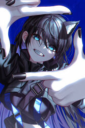  absurdres animal_ear_fluff animal_ears black_hair black_jacket black_nails black_shirt black_theme blue_background blue_eyes breasts cat_ears colored_inner_hair commentary_request crop_top cropped_jacket female finger_frame grin head_tilt highres jacket large_breasts long_hair looking_at_viewer multicolored_hair nail_polish noubin original purple_hair shirt sidelocks smile teeth upper_body very_long_hair 