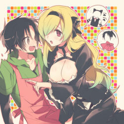  1boy age_difference apron black_dress black_eyes black_hair black_hairband blonde_hair blush breasts cleavage collarbone commentary_request dress female frey_(megami-ryou_no_ryoubo-kun) green_shirt hairband hinotta large_breasts layered_sleeves long_hair long_sleeves looking_at_another megami-ryou_no_ryoubo-kun nagumo_koushi onee-shota open_mouth outside_border pink_apron red_eyes shirt short_hair short_over_long_sleeves short_sleeves spoken_clothes straight 