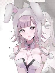  animal_hood armlet bare_shoulders black_leotard blush breasts cleavage d: danganronpa_(series) danganronpa_2:_goodbye_despair detached_collar female flipped_hair highres hood jewelry large_breasts leotard medium_hair mole mole_on_breast nanami_chiaki neck_ribbon official_alternate_costume open_mouth pink_hair pink_ribbon playboy_bunny rabbit_hood ribbon shima_(fm_90mhz) spaceship_hair_ornament upper_body white_leotard zoom_layer 