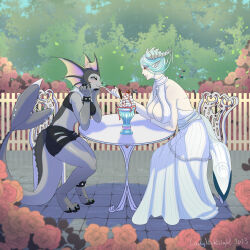  anthro cel_shading chair cutlery dessert duo eeveelution female female/female food frill_(anatomy) furniture generation_1_pokemon hi_res humanoid ice_cream kitchen_utensils ladynightlight nintendo outside pokemon pokemon_(species) romantic romantic_ambiance shaded spoon table tail tools unknown_species vaporeon 