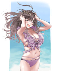  ;d armpits arms_up bad_id bad_pixiv_id bare_arms bare_shoulders bikini blue_sky blurry blurry_background blush breasts brown_eyes brown_hair cleavage collarbone cowboy_shot day female floating_hair frilled_bikini frilled_bikini_top frills hamedoragon idolmaster idolmaster_shiny_colors large_breasts layered_bikini long_hair looking_at_viewer navel ocean one_eye_closed open_mouth outdoors purple_bikini skindentation sky smile solo standing stomach swept_bangs swimsuit tsukioka_kogane water wavy_hair 