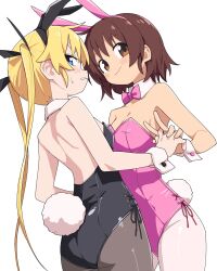  2girls animal_ears ass black_leotard blonde_hair blue_eyes bow bowtie breasts brown_eyes brown_hair detached_collar fake_animal_ears fake_tail highres kill_me_baby leotard long_hair looking_at_viewer multiple_girls oribe_yasuna pantyhose pink_leotard playboy_bunny rabbit_ears rabbit_tail short_hair simple_background small_breasts sonya_(kill_me_baby) strapless strapless_leotard tail twintails white_background wrist_cuffs yachima_tana 