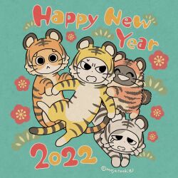  amayakasuneko ambiguous_gender chinese_zodiac clothed clothed_feral clothing domestic_cat english_text felid feline felis feral group holidays mammal mojacookie nagameruneko new_year official_art shikaruneko shikaruneko_(series) text year_of_the_tiger 