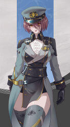  absurdres arms_at_sides belt black_belt black_collar black_gloves breasts brown_hair closed_mouth clothing_request coat collar commentary cowboy_shot female gloves grey_thighhighs hat highres juyao_(wuthering_waves) large_breasts looking_at_viewer military_coat military_hat partially_shaded_face pelvic_curtain revision shirt short_hair solo thighhighs thighs translation_request white_shirt wuthering_waves yellow_eyes yjk-psycho 