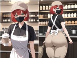  1girls ai_generated back_view barista big_butt bubble_butt front_view green_eyes huge_ass red_hair solo_female watermark white_girl white_skin 