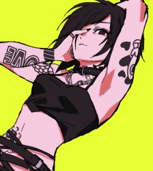  arm_above_head arm_behind_head arm_tattoo arm_up armpits belt belt_collar black_belt black_choker black_eyes black_hair cat_tattoo chains choker closed_mouth collar crop_top female green_background hair_over_one_eye hand_up highres jewelry judy_(sushi_pizza_rrr) looking_at_viewer looking_down midriff multiple_belts navel necklace original ring short_hair simple_background sleeveless smile solo stomach_tattoo sushi_pizza_rrr tank_top tattoo upper_body yellow_background 