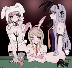  3girls akamatsu_kaede animal_ears bare_shoulders black_leotard bow bowtie breasts cleavage danganronpa:_trigger_happy_havoc danganronpa_(series) danganronpa_2:_goodbye_despair danganronpa_v3:_killing_harmony detached_collar fake_animal_ears highres kirigiri_kyoko large_breasts leotard long_hair looking_at_viewer mole mole_on_breast multiple_girls nanami_chiaki official_alternate_costume pantyhose playboy_bunny raamensusure rabbit_ears strapless strapless_leotard wrist_cuffs 