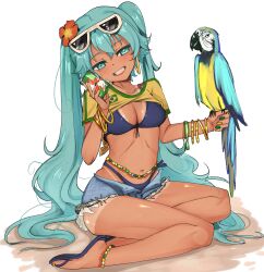  absurdres aqua_eyes aqua_hair belly_chain bikini bikini_under_clothes bird blue-and-yellow_macaw bracelet brazilian_flag brazilian_flag_print brazilian_miku can eyewear_on_head female flower hair_flower hair_ornament hatsune_miku highres holding holding_can jewelry long_hair looking_at_viewer macaw meemz_a multiple_bracelets navel parrot shirt short_sleeves shorts shorts_tan simple_background solo sunglasses swimsuit tan tanlines twintails very_long_hair vocaloid white-framed_eyewear white_background yellow_shirt 