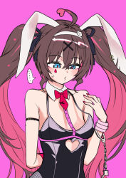  ... ahoge animal_ears arm_behind_back arm_strap blue_eyes bow bowtie brown_hair cat_hair_ornament clothing_cutout colored_inner_hair commentary cuffs detached_collar facial_mark fake_animal_ears female fishnet_pantyhose fishnets flat_chest hair_ornament hairband handcuffs heart_cutout highres hololive long_hair multicolored_hair natsuiro_matsuri o3o oversized_breast_cup pantyhose pink_background pink_hair playboy_bunny rabbit_ears red_bow red_bowtie red_nails sabaku_chitai solo spoken_ellipsis sweatdrop twintails two-tone_hair very_long_hair virtual_youtuber white_hairband x_hair_ornament 