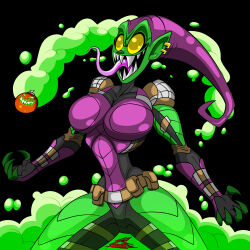  absurd_res bomb breasts ear_piercing ear_ring empty_eyes epic_games explosives featureless_crotch female fortnite goblin green_body green_goblin green_smoke hi_res humanoid humanoid_pointy_ears jack-o&#039;-lantern long_tongue marvel metallic_body not_furry open_mouth piercing pumpkin_bomb ring_piercing rule_63 sharp_teeth smile smoke solo teeth therizkpiecraft tongue tongue_out 