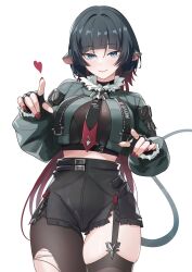  animal_ears black_garter_straps black_gloves black_hair black_necktie black_pantyhose black_shorts black_thighhighs breasts closed_mouth cowboy_shot female fingerless_gloves fur-trimmed_jacket fur_trim garter_straps gloves green_eyes green_jacket heart high-waist_shorts highres jacket jane_doe_(zenless_zone_zero) large_breasts long_hair looking_at_viewer midriff mon-chan mouse_ears mouse_girl multicolored_hair nail_polish necktie pantyhose pantyhose_under_shorts red_hair red_nails red_necktie shorts sidelocks simple_background single_garter_strap single_leg_pantyhose single_thighhigh skindentation smile solo standing tail thighhighs thighs torn_clothes torn_pantyhose two-tone_hair two-tone_necktie very_long_hair white_background zenless_zone_zero 