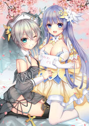  2girls bare_shoulders black_panties blue_eyes blue_hair breast_envy breasts cherry_blossoms cleavage cloud_(cloud-v-) crescent crescent_hair_ornament cross date_a_live dress flower frilled_dress frills gloves grey_hair habit hair_between_eyes hair_flower hair_ornament highres honjou_nia izayoi_miku large_breasts long_hair looking_at_viewer multiple_girls nib_pen_(object) nun one_eye_closed open_mouth panties pantyhose pen petals see-through short_hair sitting small_breasts smile teeth thighhighs underwear v white_pantyhose yellow_dress 