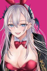  absurdres animal_ears blue_eyes bow bowtie breasts bright_pupils cleavage collar commentary detached_collar ear_ornament english_commentary fake_animal_ears female grey_hair head_wings highres horizontal_pupils indie_virtual_youtuber large_breasts leotard mole mole_under_mouth open_mouth pink_background pink_bow pink_bowtie pink_leotard playboy_bunny pochimaru_(vtuber) rabbit_ears rain_(rain910) solo teardrop_facial_mark upper_body virtual_youtuber white_collar white_pupils wings 