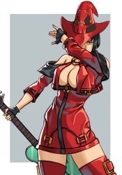  bare_shoulders black_choker black_hair boots breasts c.kojin choker cleavage electric_guitar female fingerless_gloves gloves guilty_gear guilty_gear_xrd guitar hat highres holding holding_guitar holding_instrument i-no instrument large_breasts mole mole_above_mouth o-ring o-ring_top one_eye_covered red_footwear red_hat red_leather short_hair thigh_boots witch_hat 