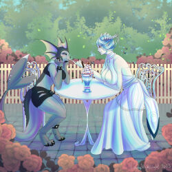  anthro cel_shading chair cutlery dessert duo eeveelution female female/female food frill_(anatomy) furniture generation_1_pokemon hi_res humanoid ice_cream kitchen_utensils ladynightlight nintendo outside pokemon pokemon_(species) romantic romantic_ambiance shaded spoon table tail tools unknown_species vaporeon 