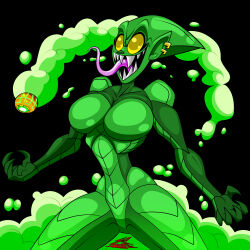  absurd_res bomb breasts ear_piercing ear_ring empty_eyes explosives featureless_crotch female goblin green_body green_goblin green_smoke hi_res humanoid humanoid_pointy_ears long_tongue marvel metallic_body not_furry open_mouth piercing pumpkin_bomb ring_piercing rule_63 sharp_teeth smile smoke solo teeth therizkpiecraft tongue tongue_out 