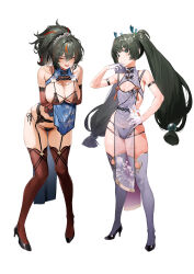  2girls absurdres ahoge alternate_costume black_hair blunt_bangs blush breasts brown_gloves brown_thighhighs china_dress chinese_clothes cleavage dress elbow_gloves full_body gloves green_eyes green_hair hair_between_eyes half_gloves hand_on_own_hip highres kuroi_suna large_breasts long_hair looking_at_viewer metal_hairband multicolored_hair multiple_girls open_mouth orange_eyes orange_hair ponytail qingyi_(zenless_zone_zero) sidelocks simple_background small_breasts streaked_hair sweatdrop thighhighs thighs twintails two-tone_hair white_background white_gloves white_thighhighs zenless_zone_zero zhu_yuan 