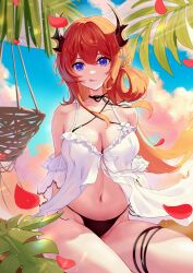  :q absurdres aoi_tooru arknights bare_shoulders bikini black_bikini blue_sky blush breasts burnt_clothes cleavage cloud cloudy_sky commentary_request criss-cross_halter demon_horns falling_petals female hair_between_eyes hair_ornament hair_rings halterneck highres horns large_breasts long_hair looking_at_viewer navel off_shoulder official_alternate_costume petals purple_eyes red_hair red_petals sky solo star_(symbol) star_hair_ornament stomach surtr_(arknights) surtr_(colorful_wonderland)_(arknights) swimsuit swimsuit_cover-up thigh_strap thighs tongue tongue_out 