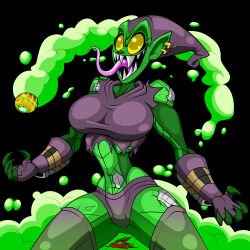  absurd_res bomb breasts ear_piercing ear_ring empty_eyes explosives featureless_crotch female goblin green_body green_goblin green_smoke hi_res humanoid humanoid_pointy_ears long_tongue marvel metallic_body not_furry open_mouth piercing pumpkin_bomb ring_piercing rule_63 sharp_teeth smile smoke solo teeth therizkpiecraft tongue tongue_out 