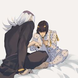  2boys applying_manicure bare_pectorals barefoot bed_sheet black_hair black_pants bob_cut bruno_bucciarati closed_eyes crossed_legs hair_ornament hairclip highres jojo_no_kimyou_na_bouken leaning_forward leone_abbacchio long_hair looking_at_another male_focus multiple_boys nail_polish nail_polish_bottle painting_fingernails pants pectorals short_hair smile toned toned_male vento_aureo white_hair worvies zipper 