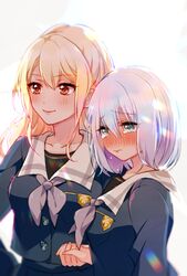  2girls bad_id bad_twitter_id bang_dream! blonde_hair blue_serafuku blush collarbone eyes_visible_through_hair green_eyes holding_hands kirigaya_toko kurata_mashiro long_hair mamaloni multiple_girls red_eyes school_uniform serafuku short_hair tears tsukinomori_school_uniform white_hair 