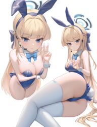  animal_ears ass blonde_hair blue_archive blue_eyes blue_halo blue_leotard blue_ribbon blush breasts commentary detached_collar detached_sleeves fake_animal_ears female geomissword halo highres leotard long_hair multiple_views neck_ribbon official_alternate_costume playboy_bunny rabbit_ears rabbit_tail ribbon sideboob strapless strapless_leotard tail thighhighs toki_(blue_archive) toki_(bunny)_(blue_archive) v white_thighhighs 