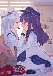  &gt;_&lt; 2girls :3 :d absurdres akatsuki_(kancolle) backlighting bed_sheet blue_eyes blue_headwear blue_sailor_collar blue_skirt box chocolate commentary_request eye_contact feet flat_cap food_in_mouth hair_between_eyes hand_on_another&#039;s_head hat heart heart-shaped_box hibiki_(kancolle) highres interlocked_venus_symbols kantai_collection legs long_hair long_sleeves looking_at_another mouth_hold multiple_girls necktie no_shoes open_mouth pantyhose pillow pleated_skirt profile purple_eyes purple_hair red_necktie rensouhou-chan sailor_collar school_uniform see-through serafuku shared_food shirt skirt smile soles star_(symbol) sweat toenails toes tsubasa_tsubasa venus_symbol verniy_(kancolle) white_hair white_headwear white_pantyhose white_shirt window x3 yuri 