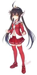  ahoge artist_name black_hair clenched_hands closed_mouth commentary_request female full_body genderswap_(mtf) hair_between_eyes hair_flaps headgear highres loafers long_hair long_sleeves low_twintails navel neckerchief personification pleated_skirt red_footwear red_shirt red_skirt red_thighhighs rule_63 school_uniform shirt shoes sidelocks simple_background skirt solo taro_(ultrataro) thighhighs twintails ultra_series ultraman_tarou ultraman_tarou_(series) uniform v-shaped_eyebrows white_background white_neckerchief yellow_eyes zettai_ryouiki 