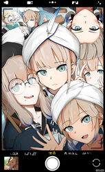  absurdres bad_id bad_pixiv_id baker_nemo_(fate) bed broken_eyewear captain_nemo_(fate) cellphone double_v engineer_nemo_(fate) fate/grand_order fate_(series) glasses gradient_hair hat hat_feather highres hospital_bed jeancle_abel_meuniere konrinzai_zako marine_nemo_(fate) mole mole_under_eye mole_under_mouth multicolored_hair nemo_(fate) nurse_nemo_(fate) one_eye_closed phone professor_nemo_(fate) red_hare_(fate) respirator smartphone turban twintails upside-down v 