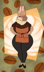  absurd_res anthro apron beverage big_breasts breasts closed_eyes clothed clothing coffee dewlap_(anatomy) domestic_rabbit eyelashes fangs female flemish_giant footwear fully_clothed fur hair hair_over_eye hazel_(shakotanbunny) hi_res high_heels lagomorph leporid mammal one_eye_obstructed oryctolagus rabbit shakotanbunny shoes solo standing tan_body tan_fur teeth thick_thighs wide_hips 