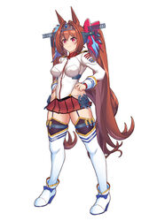  animal_ears breasts brown_hair closed_mouth collar cosplay daiwa_scarlet_(umamusume) female full_body garter_straps hair_intakes hair_tie hand_on_own_hip headgear hip_vent horse_ears horse_girl horse_tail jacket kantai_collection large_breasts long_hair moke_ro pleated_skirt purple_eyes red_skirt simple_background skirt solo standing tail thighhighs tiara trait_connection twintails uchuu_senkan_yamato uchuu_senkan_yamato_2199 umamusume very_long_hair white_background white_jacket white_thighhighs yamato_(kancolle) yamato_(kancolle)_(cosplay) 