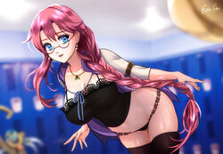  artist_name bent_over black_panties black_thighhighs blue_eyes blurry blurry_background braid braided_ponytail breasts camisole cleavage commentary covered_navel earrings eiyuu_densetsu emma_millstein english_commentary esther_shen female glasses indoors jacket jewelry lace large_breasts leaning_forward lips locker locker_room long_hair looking_at_viewer midriff necklace no_pants open_clothes open_jacket panties parted_lips purple_hair purple_jacket sen_no_kiseki signature single_braid smile solo spaghetti_strap thighhighs thighs underwear 