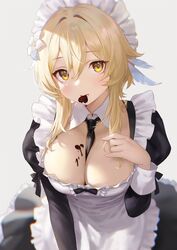  adelie_cat alternate_costume apron bad_id bad_pixiv_id between_breasts black_bow black_dress black_necktie blonde_hair blush bow breasts candy chocolate chocolate_on_body cleavage collar detached_collar dress enmaided feather_hair_ornament feathers female food food_in_mouth food_on_body frilled_apron frilled_hairband frills genshin_impact grey_background hair_ornament hairband hand_up heart heart-shaped_chocolate highres juliet_sleeves large_breasts long_sleeves lumine_(genshin_impact) maid maid_apron maid_headdress mouth_hold necktie necktie_between_breasts puffy_sleeves short_hair_with_long_locks sidelocks simple_background solo white_apron white_collar white_hairband wing_collar 