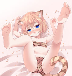  animal_ear_fluff animal_ears animal_print bandeau barefoot beans blonde_hair blue_eyes blush cat_ears cat_girl cat_tail embarrassed feet female flat_chest full_body legs_up looking_at_viewer lying mamemaki navel oerba_yun_fang on_back open_mouth original panties setsubun short_hair soles solo striped_tail tail tiger_print toes umi_suzume underwear underwear_only 