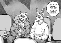  absurd_res anthro bear beastars beverage bodily_fluids clothing crying dialogue duo eyewear fan_character glasses hi_res hybrid lagomorph lee_(greatlizardwizard) legoshi&#039;s_chimera_(beastars) leporid male mammal monochrome movie_theater rabbit sunny_frostwolf tears thought_bubble trevor_(greatlizardwizard) 