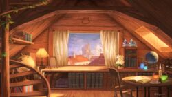  artist_name book bookshelf candle crystal cup fantasy flower globe highres hourglass indie_virtual_youtuber indoors lamp md5_mismatch no_humans official_art open_book open_window potion regu_(7lava) scenery shelf stairs teacup vase window 