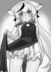  animal_ear_fluff animal_ears blue_archive blush breasts chinese_clothes closed_mouth cowboy_shot diamond_cutout dress female frilled_skirt frills from_below greyscale highres kokona_(blue_archive) looking_at_viewer miyamae_(miyazen9311) monochrome multicolored_hair pout sidelocks skirt skirt_hold small_breasts solo streaked_hair striped_clothes striped_dress sweat 